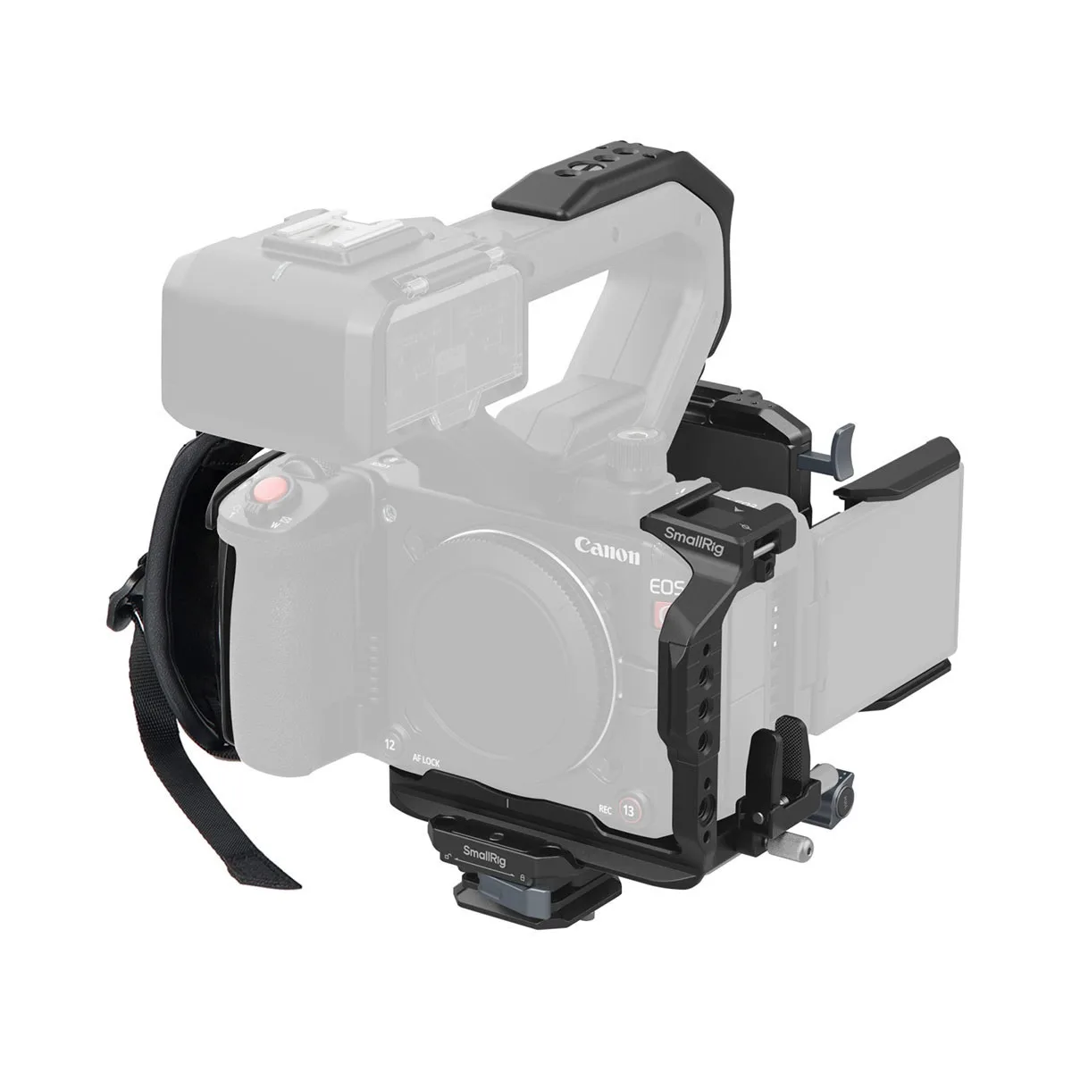 Black aluminum cage kit with V-mount plate and XLR handle for Canon EOS C50