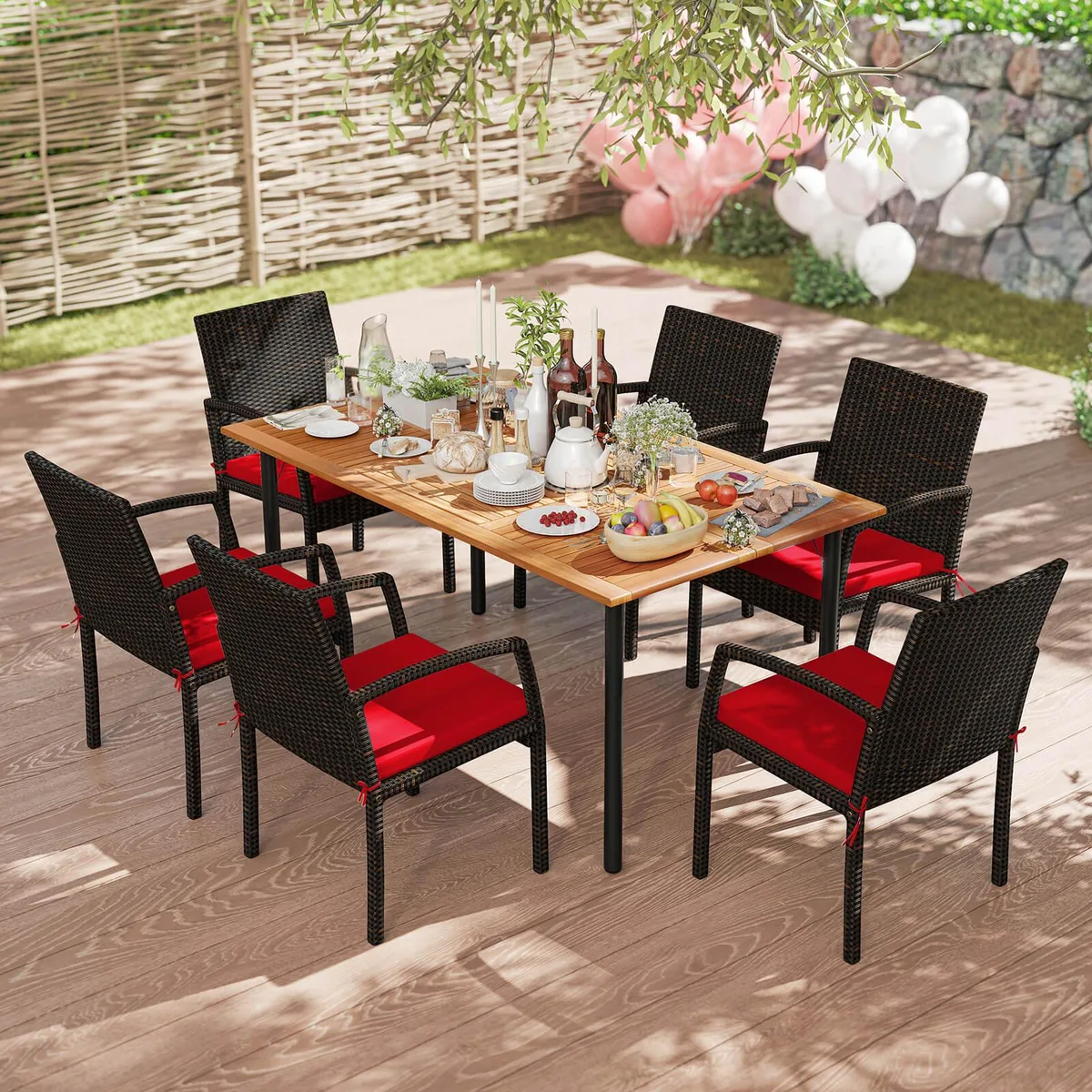 Red PE rattan 7-piece patio dining set with acacia wood table and cushioned armchairs