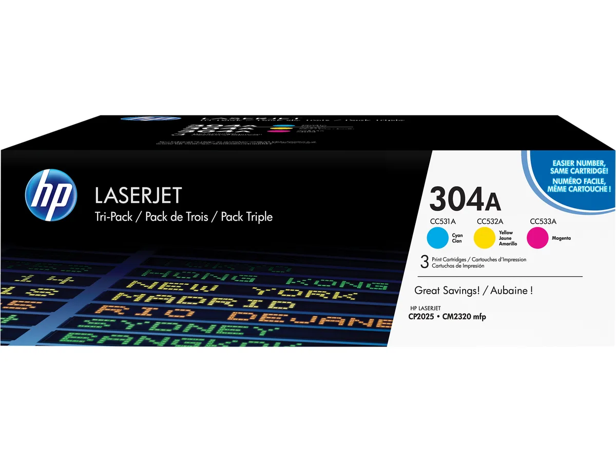 HP HP 304A CF340A Tri-Color Toner Cartridge 3 Pack 2800 Pages — product photo