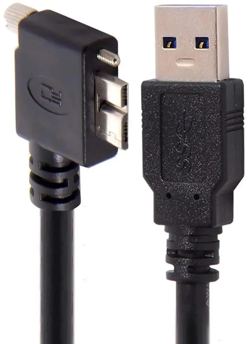 Left-angled USB 3.0 Type-A to Micro-B cable with panel-mount screws, 3.0m length