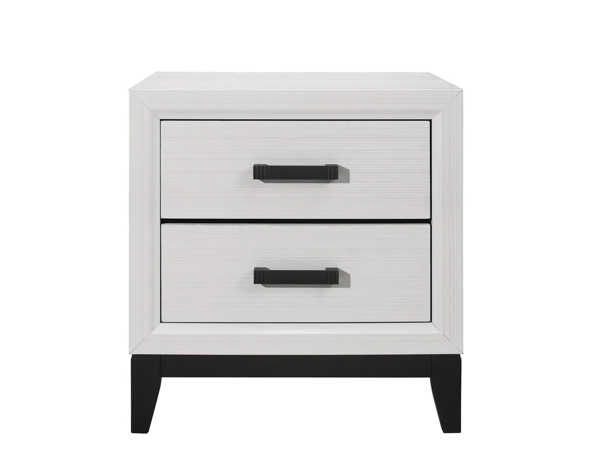 White rubber wood nightstand with two drawers and black hardware