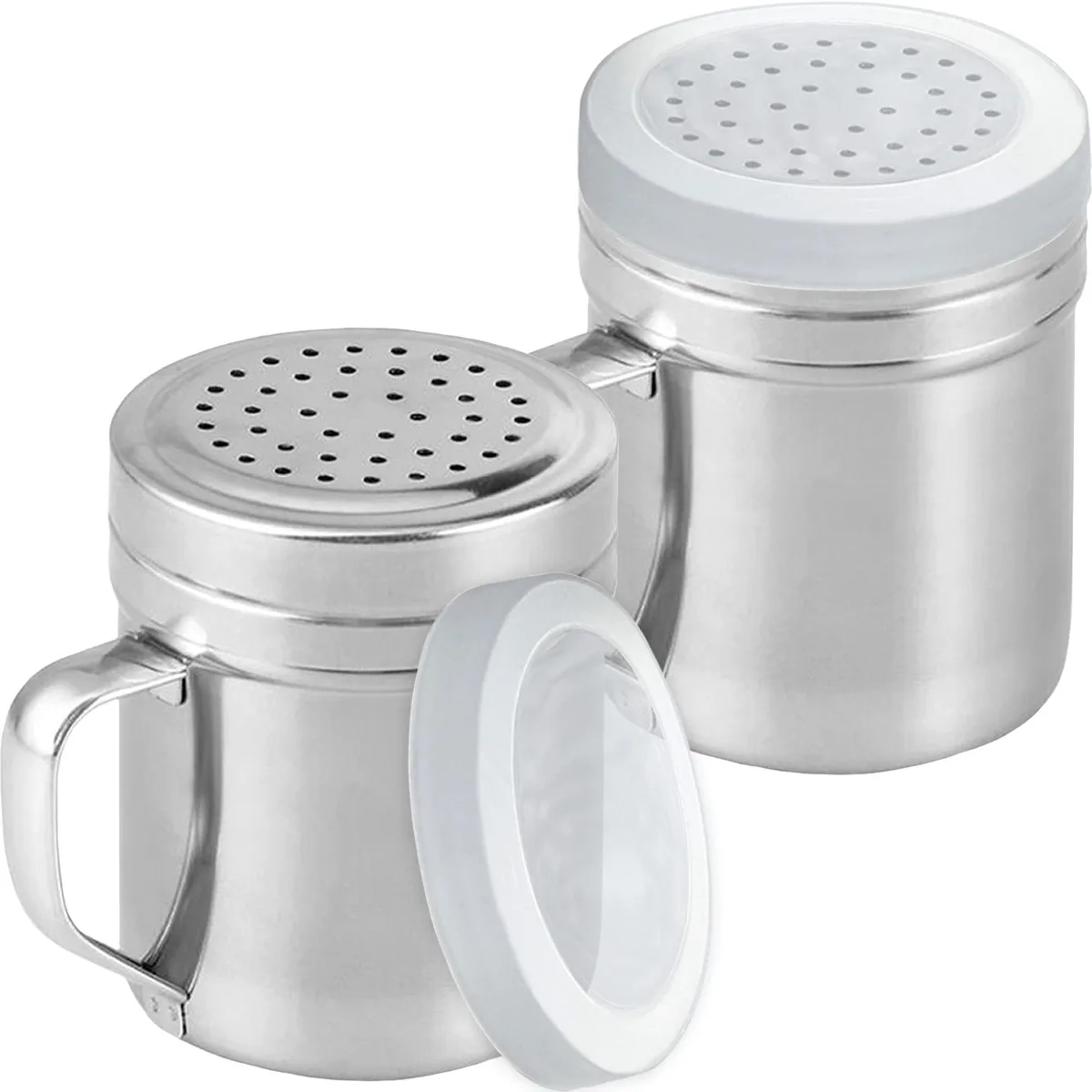 Two stainless steel cylindrical shakers with handles and black twist-off lids, 10 oz each