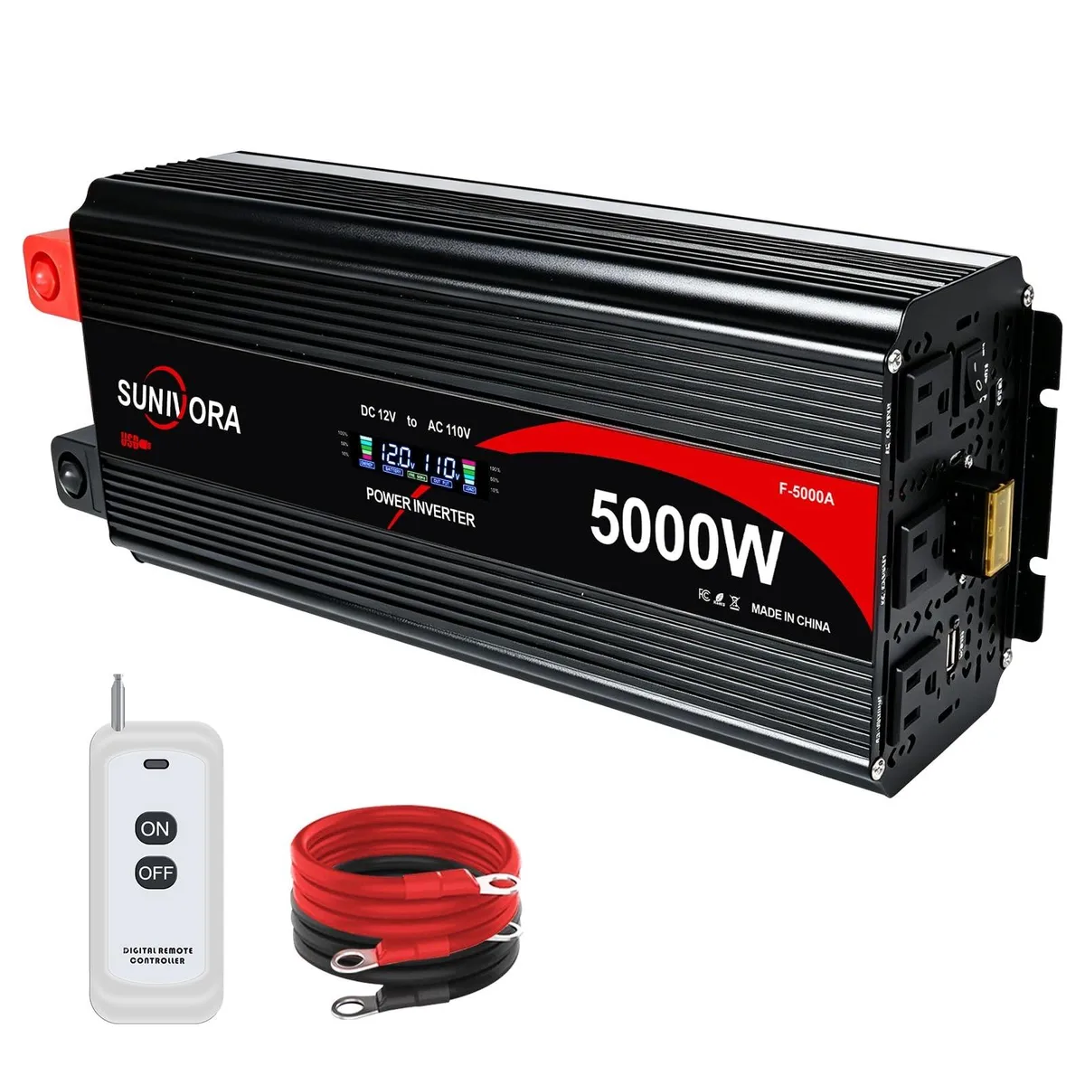 Rectangular aluminium inverter with LCD panel, remote, three AC sockets, USB port and heavy cables