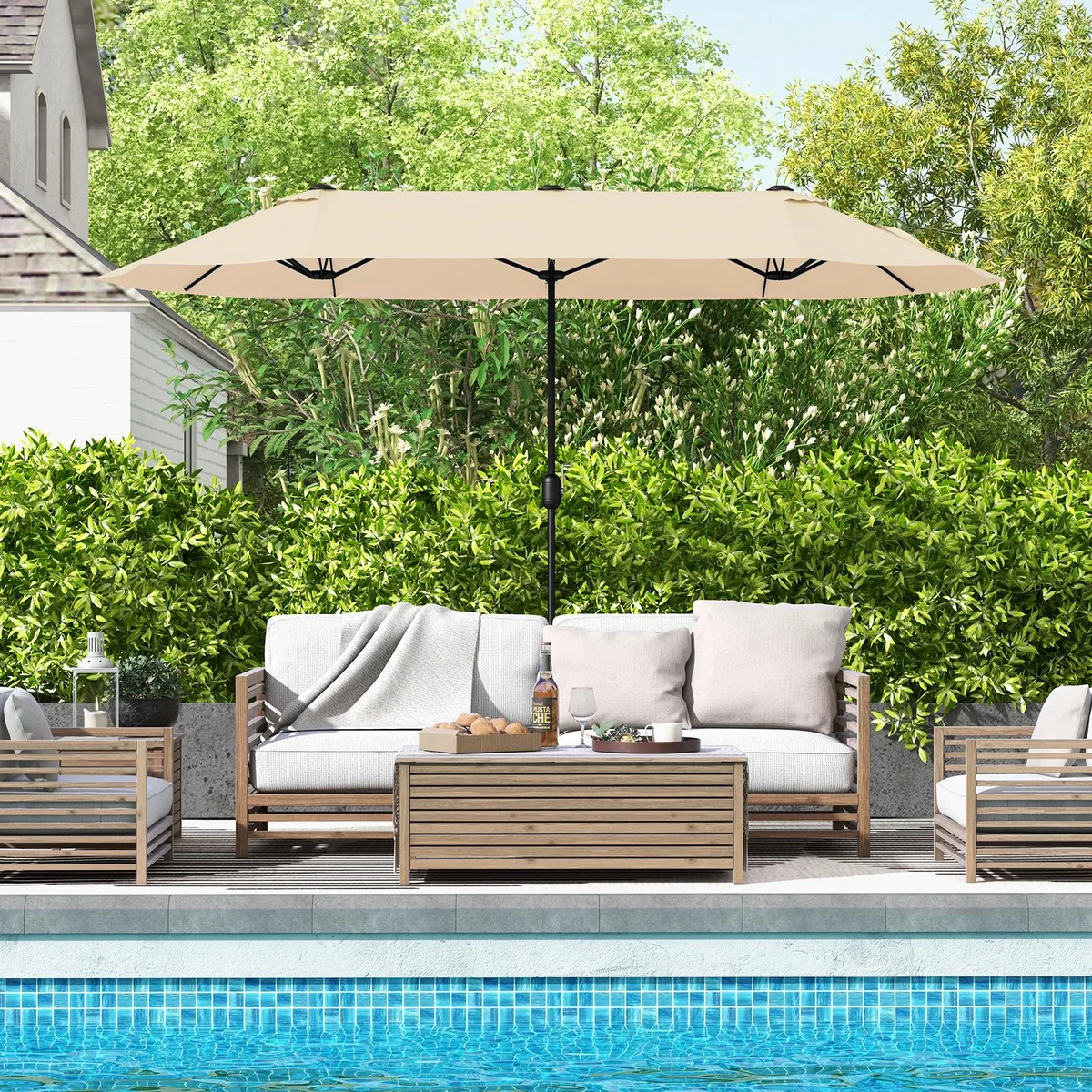 Beige double-sided patio umbrella with crank handle and metal pole
