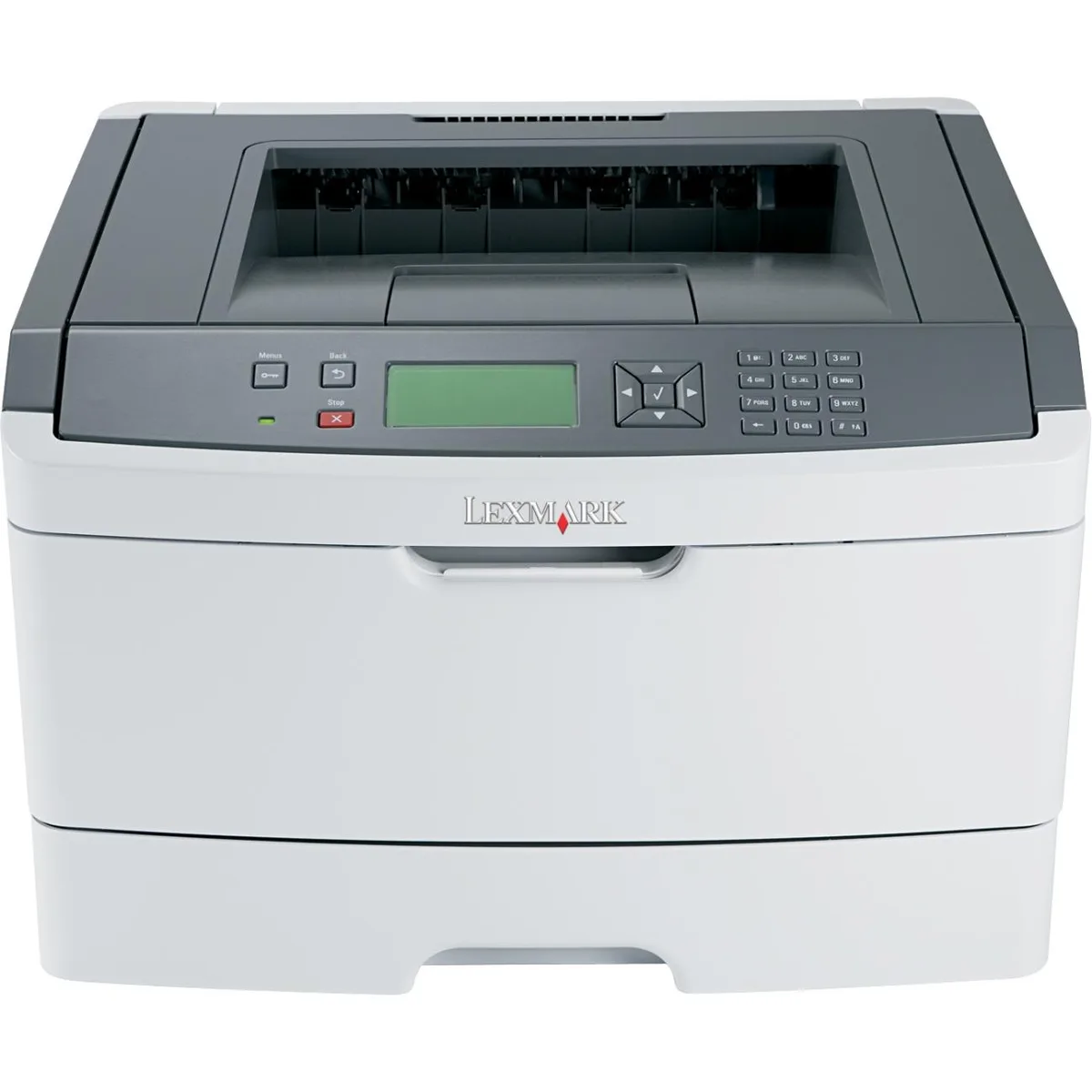 White rectangular desktop laser printer with front paper tray and control panel