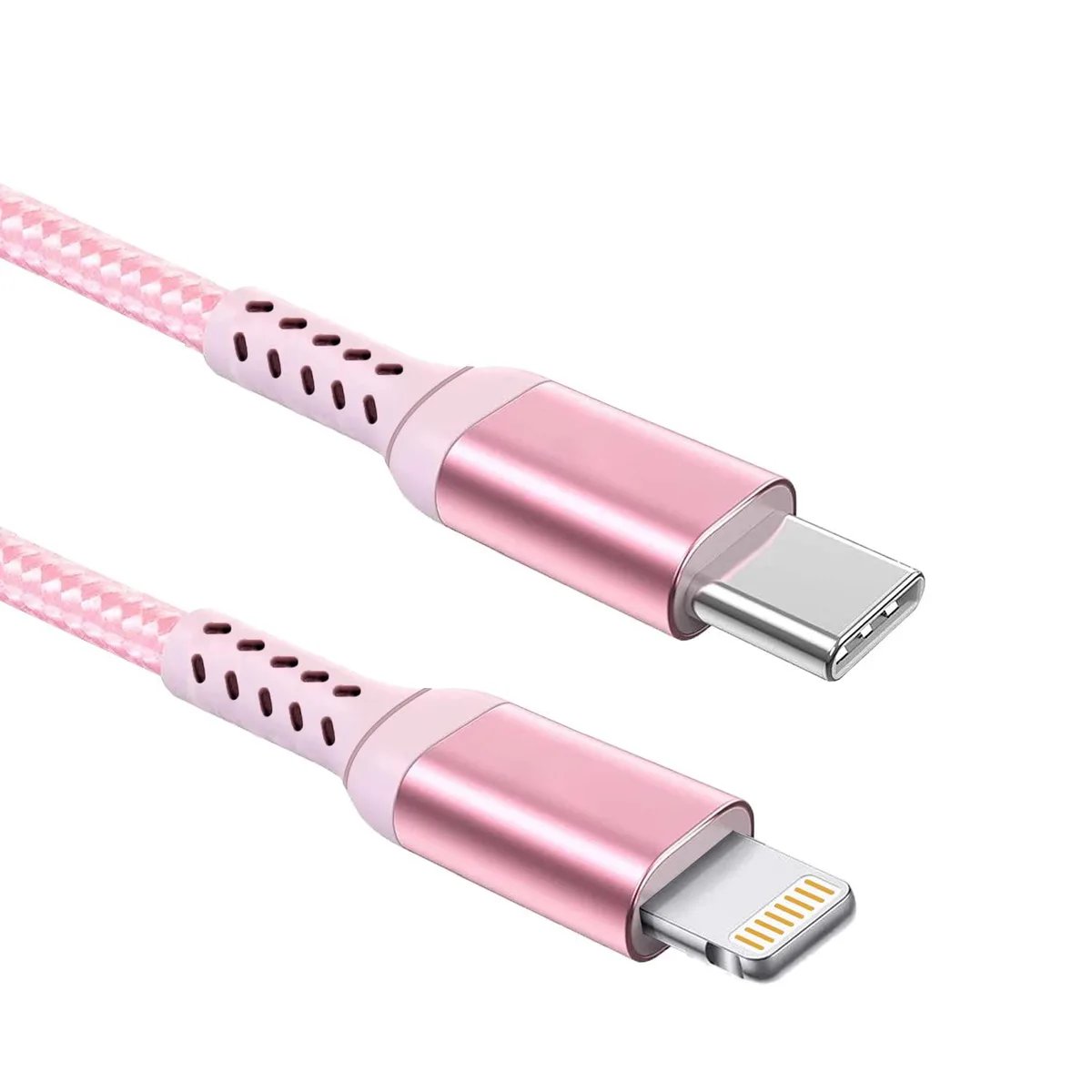 Pink nylon-braided USB-C to Lightning cable, ten feet long, anti-slip connectors