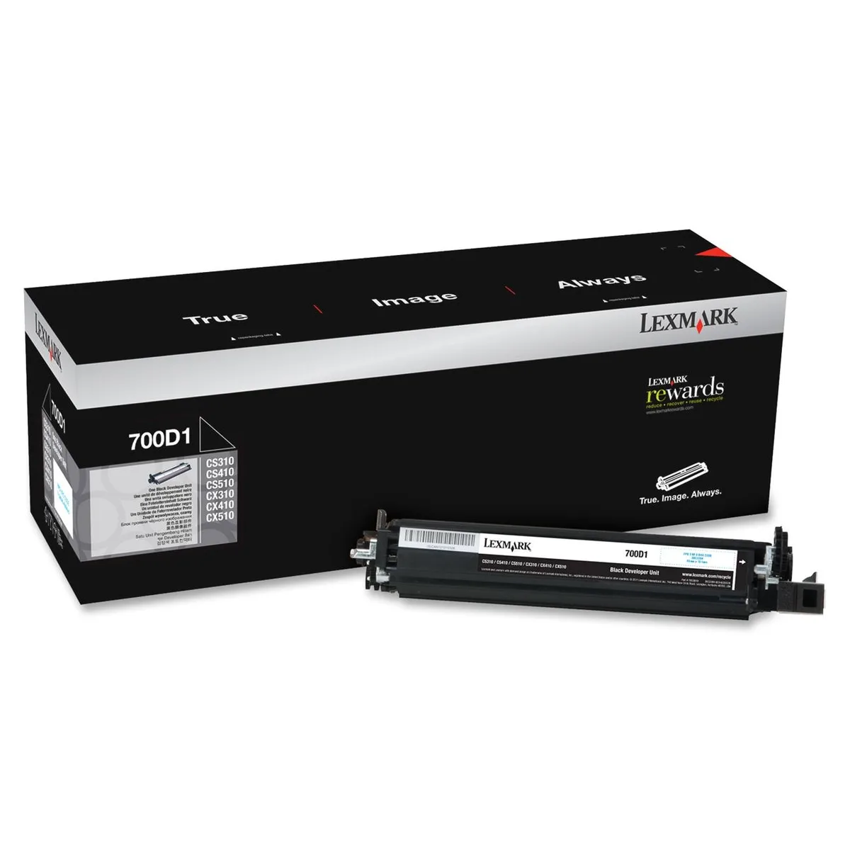 Lexmark black developer kit cartridge in white and black plastic housing
