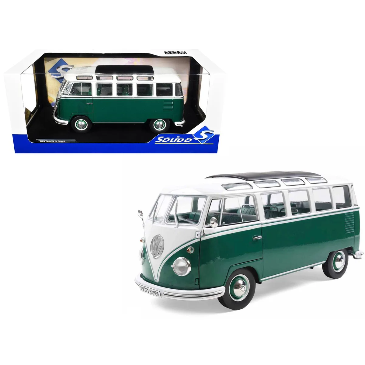 Solido Solido 1962 Volkswagen T1 Samba Bus Green and White 1/18 hobby collectible — product photo