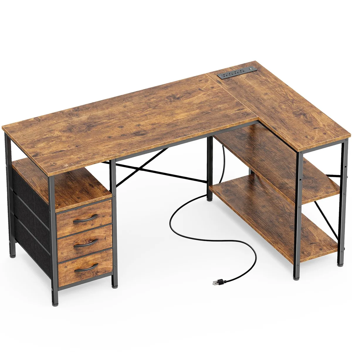 L-shaped desk, rustic brown wood top, black metal frame, three fabric drawers, two shelves, power strip visible