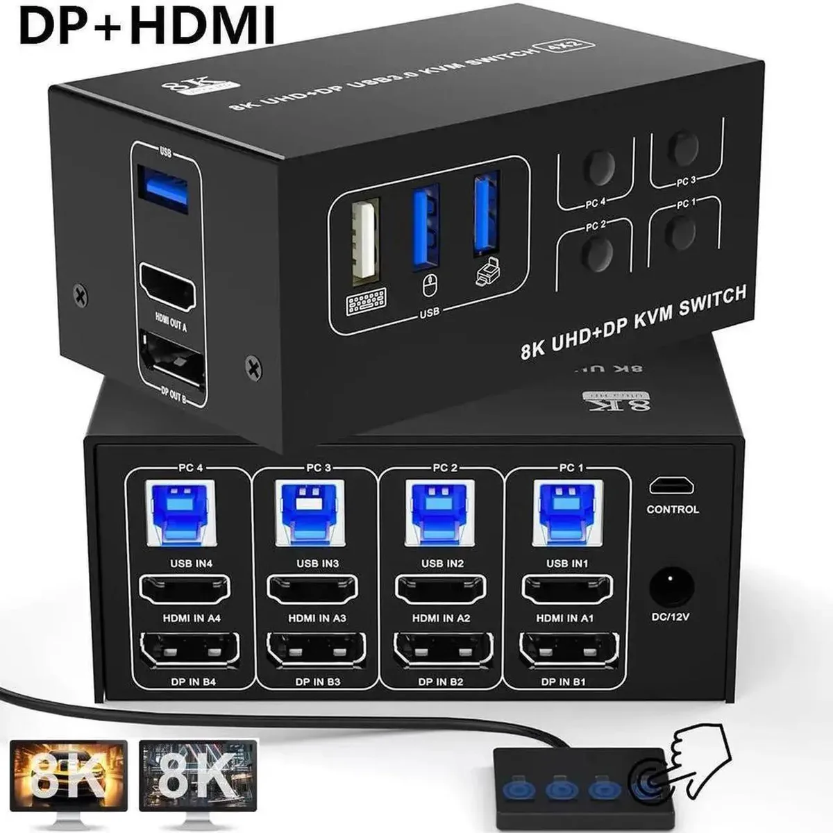 Vszerda Vszerda 4-Port Dual Monitor KVM Switch HDMI 2.1 DP 1.4 8K@60Hz 4K@120Hz Desktop Controller — product photo