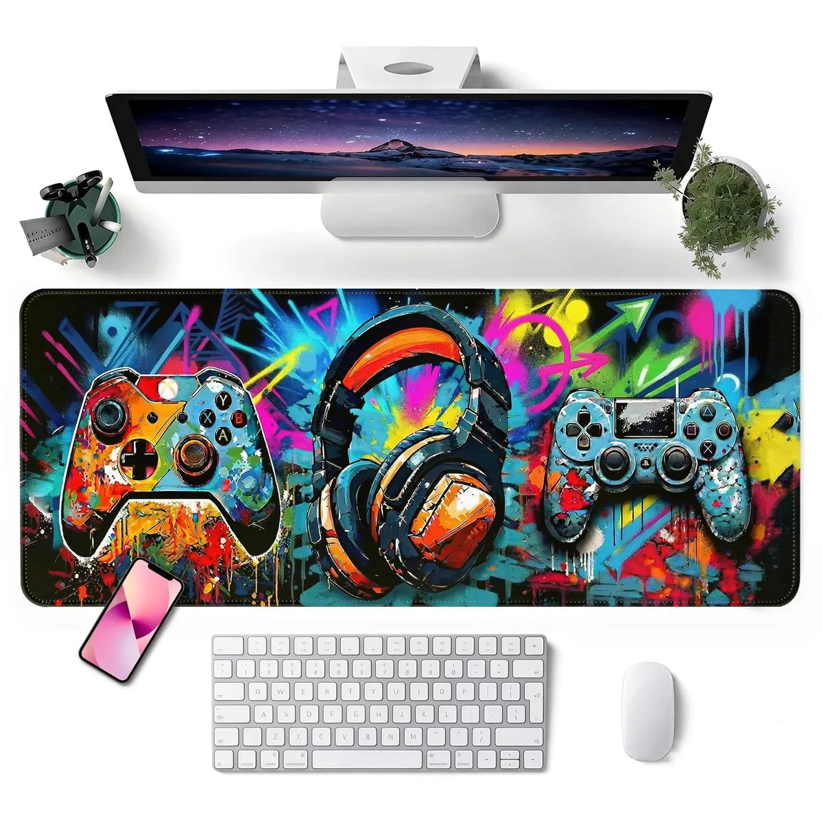 Large rectangular mouse pad with stitched edges and a game console print