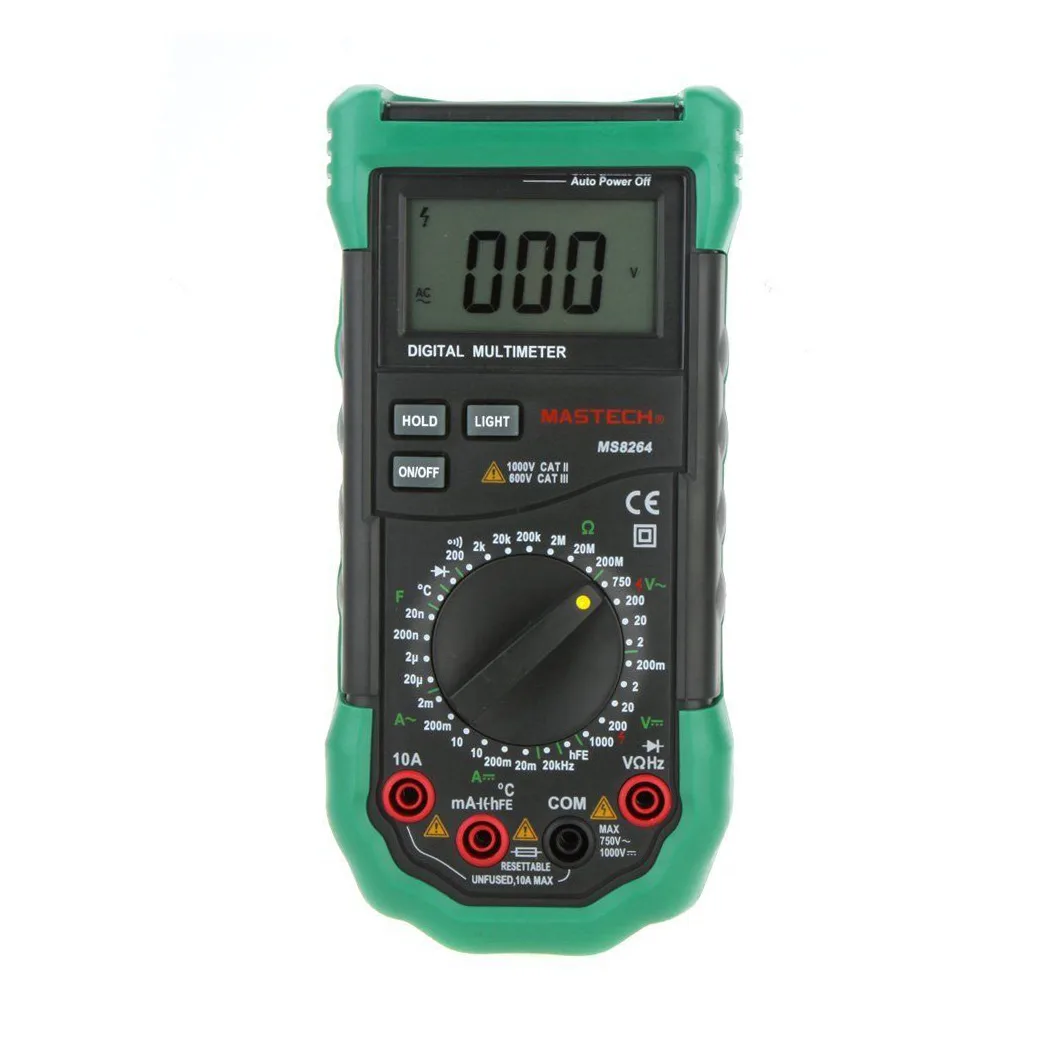 Yellow handheld digital multimeter with 2.4 inch LCD screen and rotary selector switch