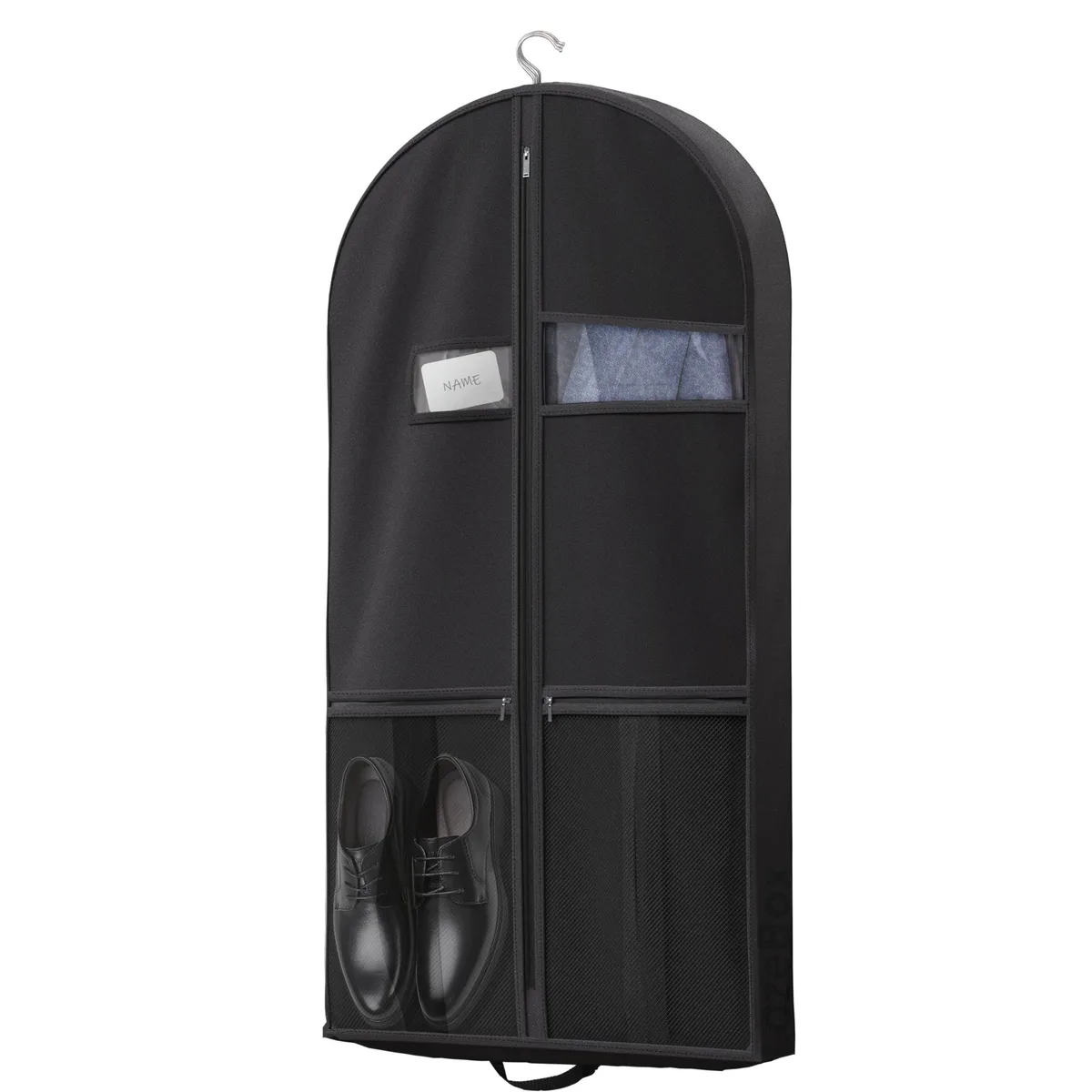 Beige fabric garment bag, full-length zipper, clear window, two handles, folded tote shape