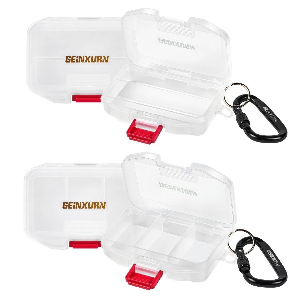 Four clear plastic boxes with dividers and clip latches, silver finish, 4.06 x 2.87 x .98 in