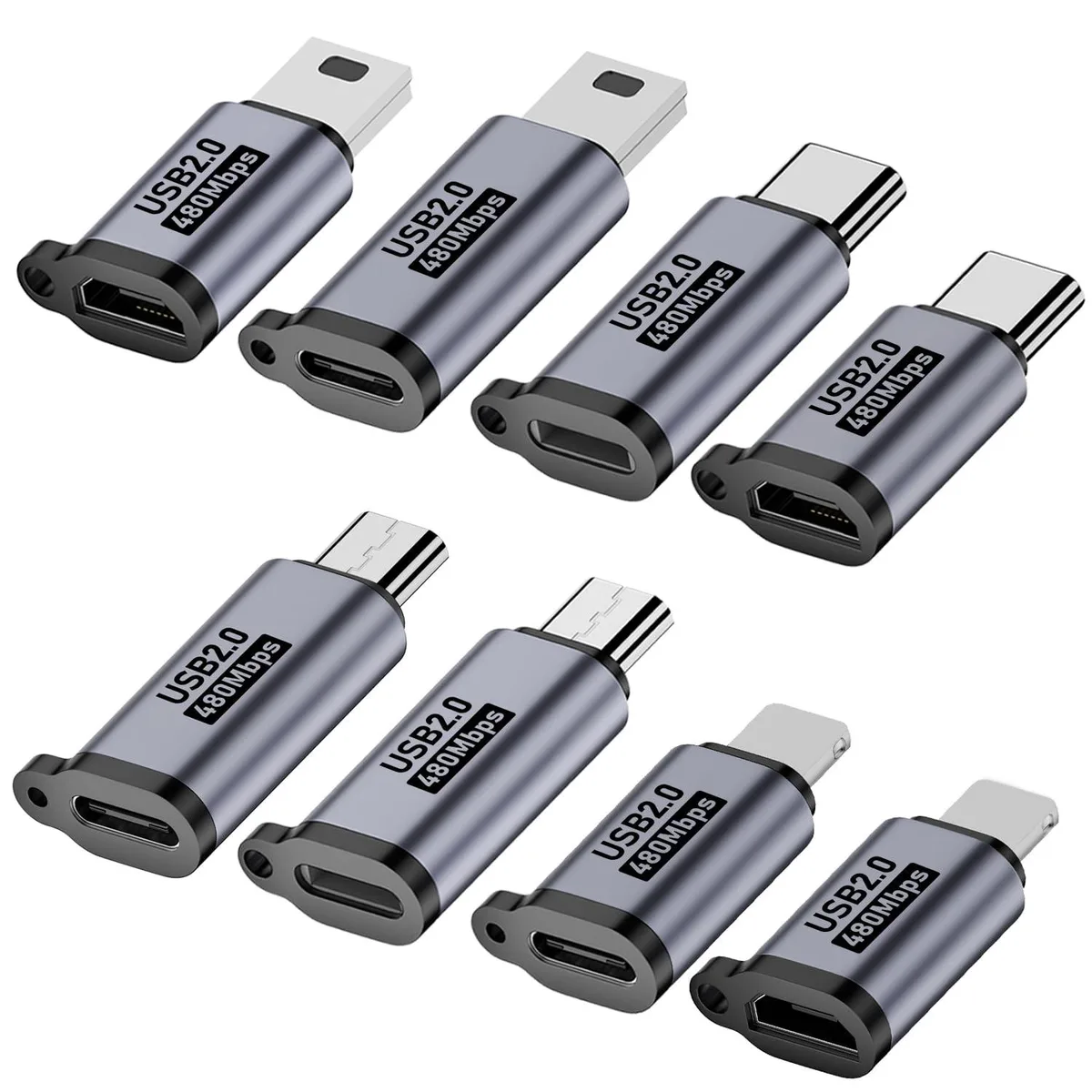 Eight small metal USB adapters in different connector shapes on a plain background