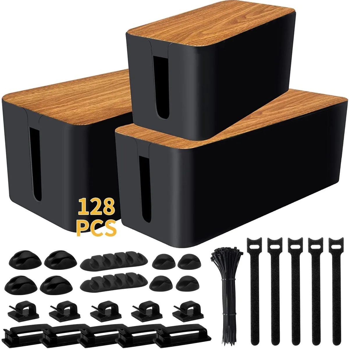 Three black ABS cable management boxes with assorted clips and ties