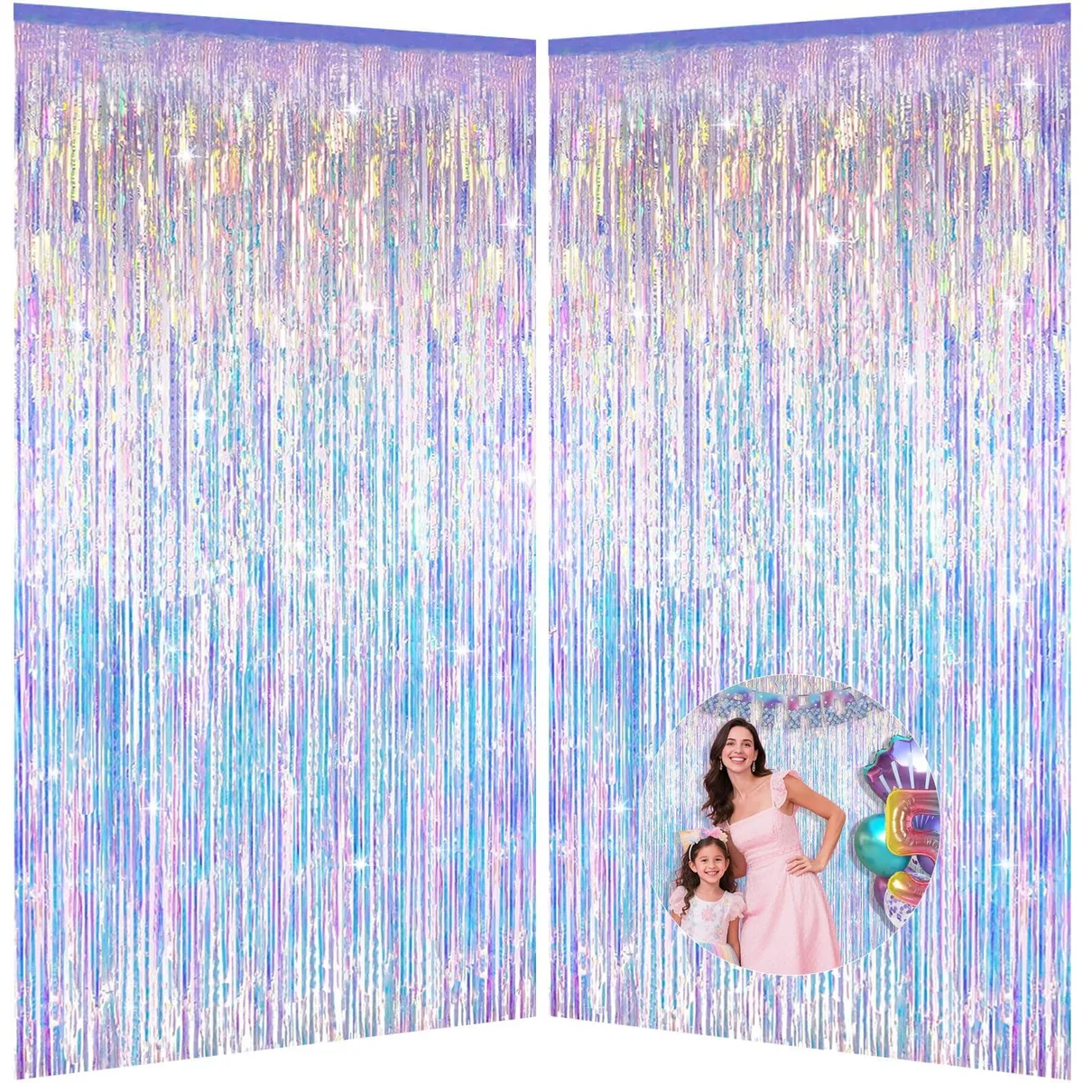 Two iridescent foil fringe curtains 40 by 60 inches in black vinyl frames