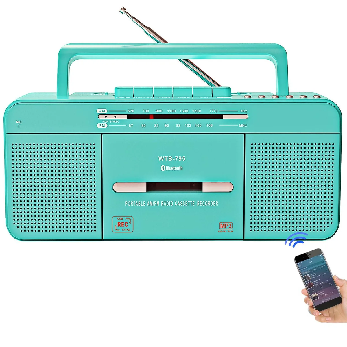  WISCENT WTB-795 Cassette Player Teal 6W AM/FM Bluetooth USB 3.5mm — product photo