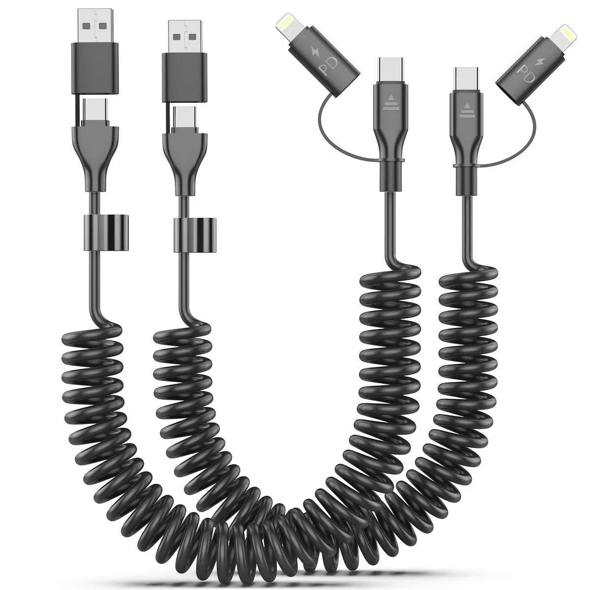  MTAKYA 2-Pack Coiled USB-C &amp; Lightning Cable 2-in-1 3FT 60W Black — product photo