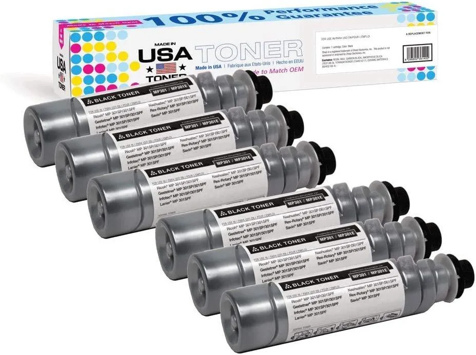 MADE IN USA TONER MADE IN USA TONER Compatible Black Toner Cartridge 6 Pack for Ricoh MP 301SP 301SPF 841714 841767 — product photo