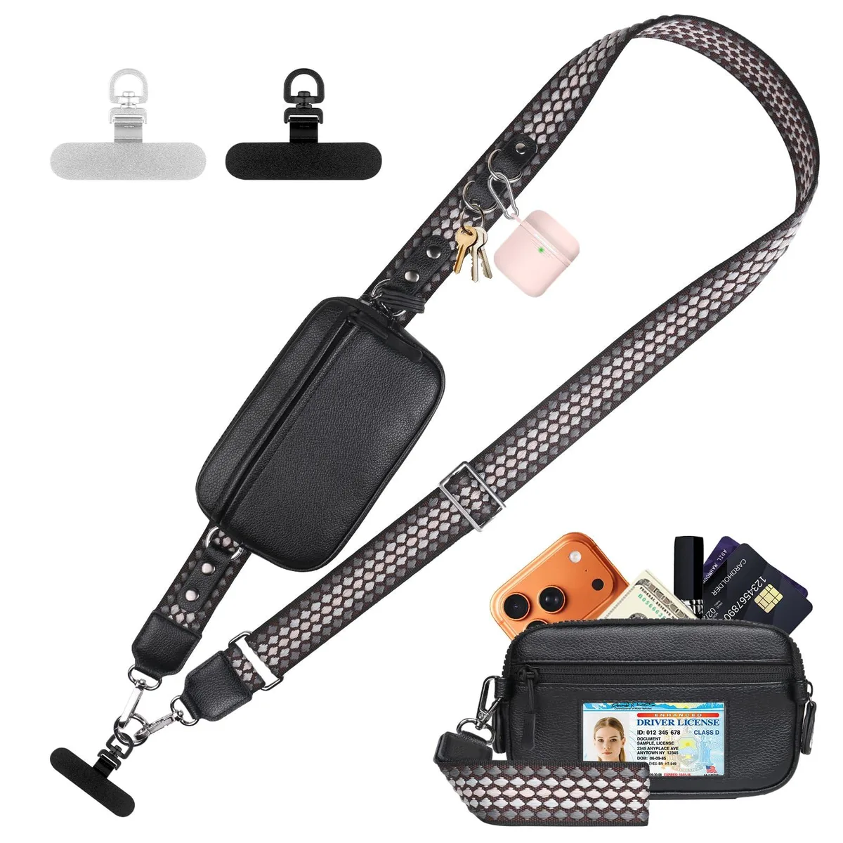 Black crossbody phone strap with detachable RFID leather wallet, adjustable nylon lanyard 44 to 66 inches, metal D-rings and phone tabs