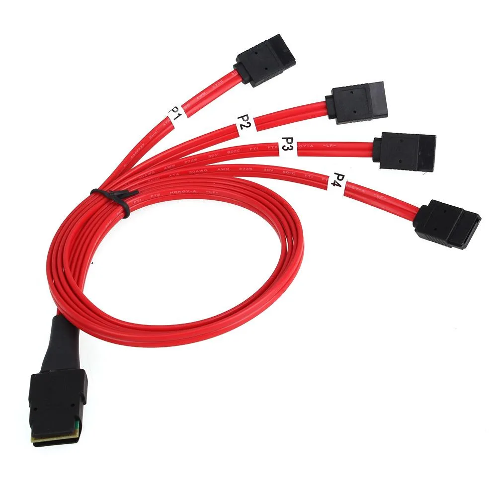 Qin Bo Electronics Qin Bo Electronics Red SFF-8087 36P to 4 SATA 7P Splitter Cable .5m — product photo