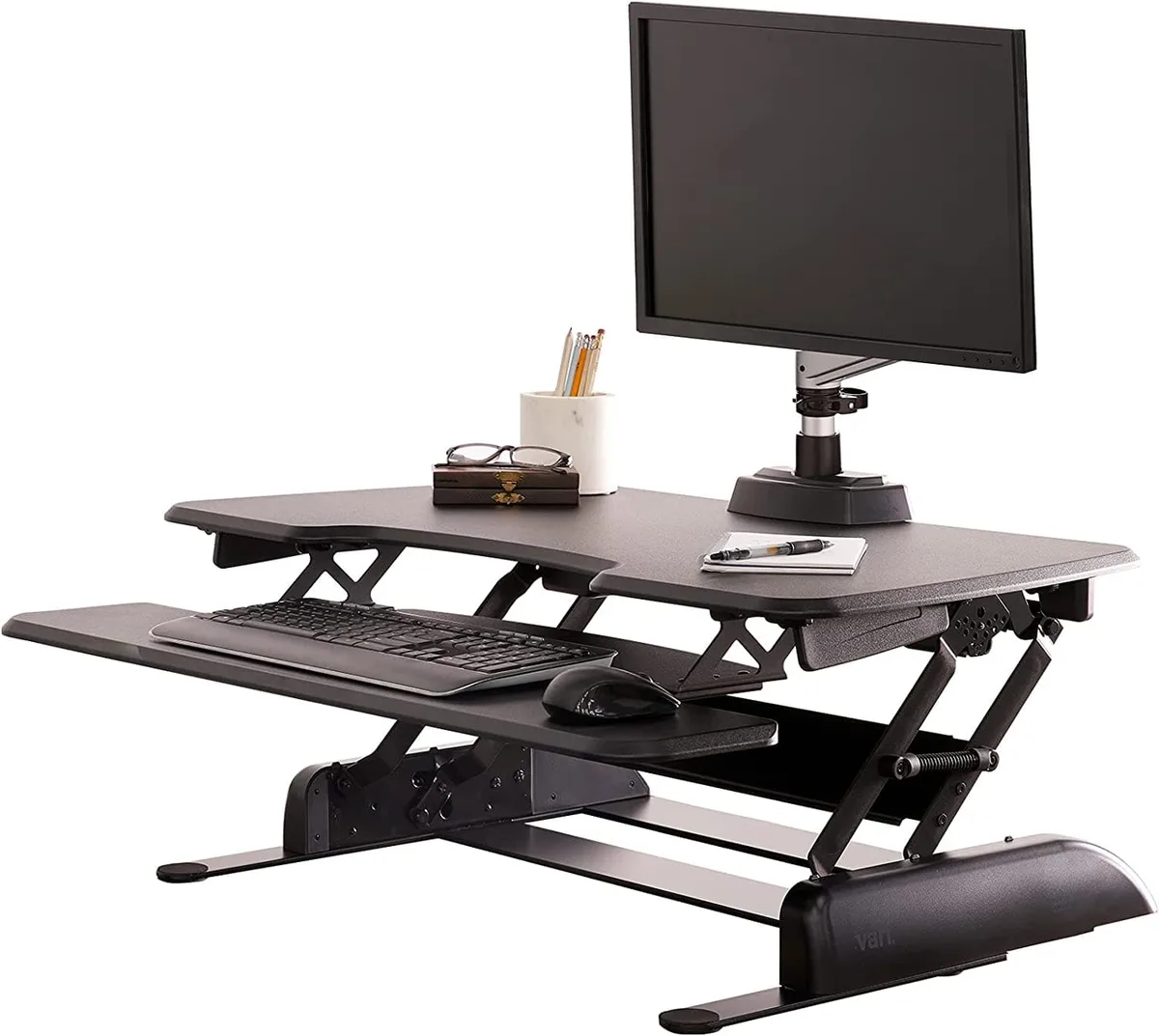 Black two-tier standing desk converter with dual handles, 36 inches wide, fully assembled