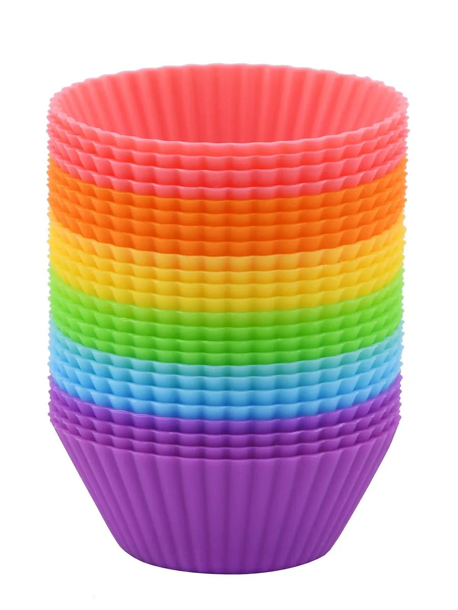 Twenty-four round silicone baking cups in six vibrant colours, mini size with smooth matte finish