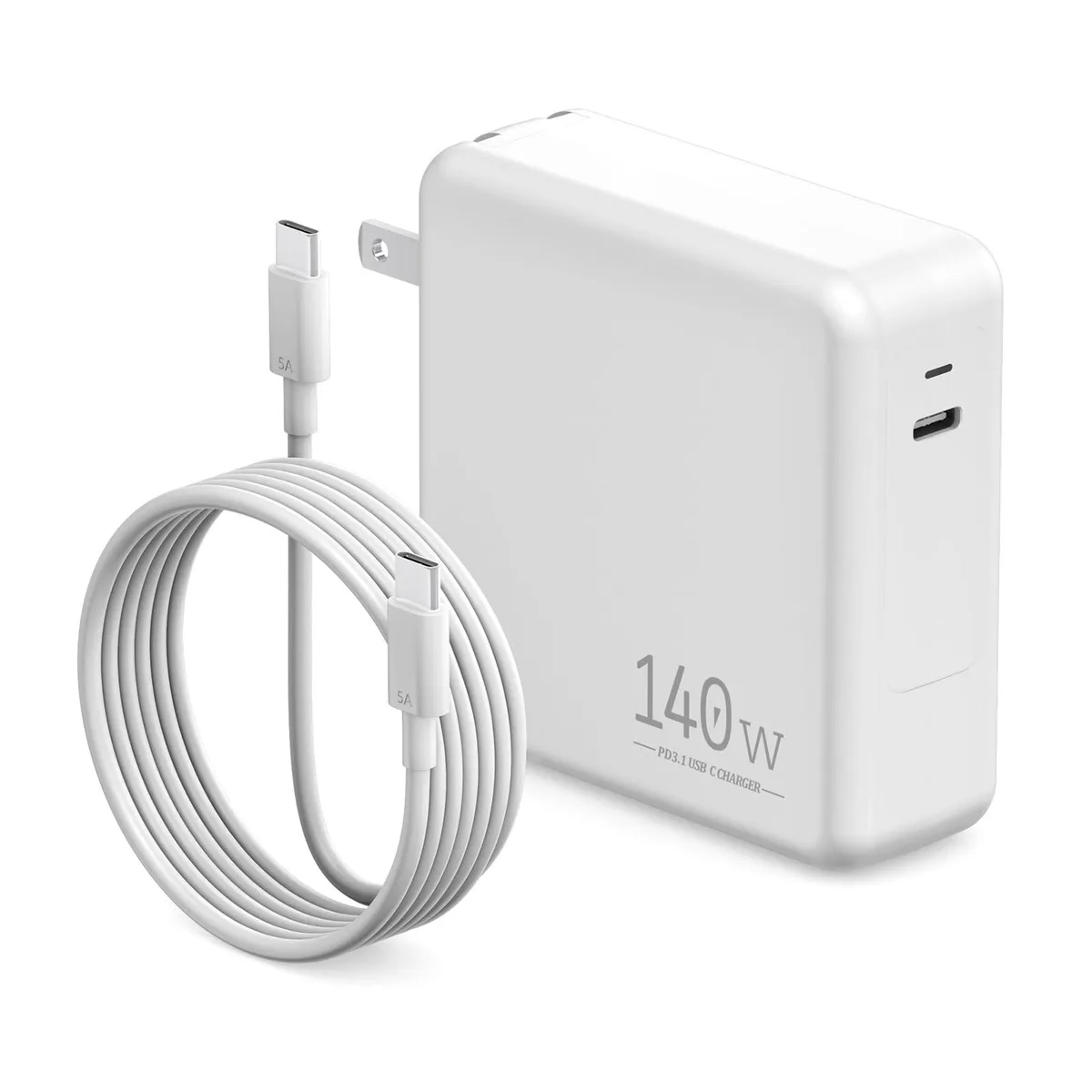 White rectangular 140W USB-C power adapter with detachable cable