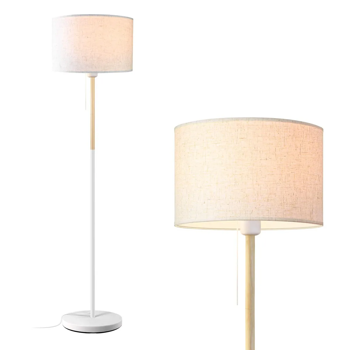 Tall white floor lamp with linen shade, pull chain switch, 59.84 inches high