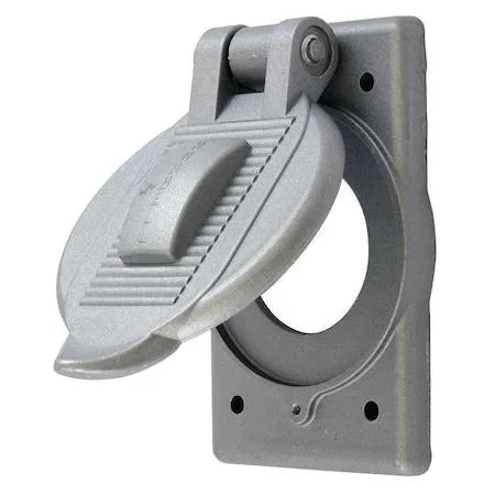 Single-gang vertical weatherproof cover in cast aluminum with self-closing lid