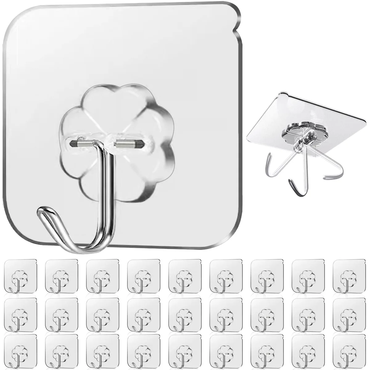 Clear adhesive hooks in a 28 or 50 pack, transparent finish, rotatable hook heads