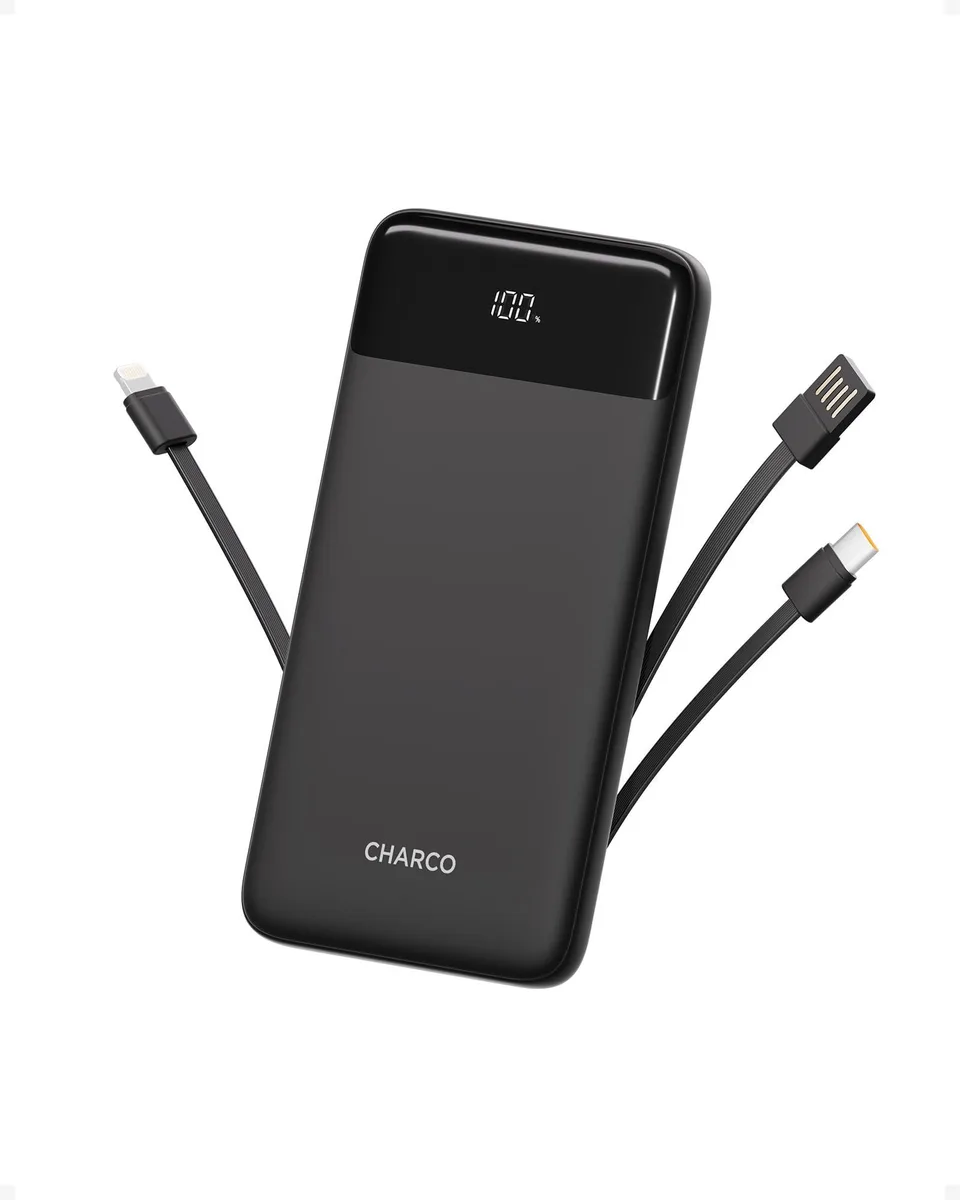  CHARCO 10000mAh Power Bank 20W Built-in Cables Black — product photo
