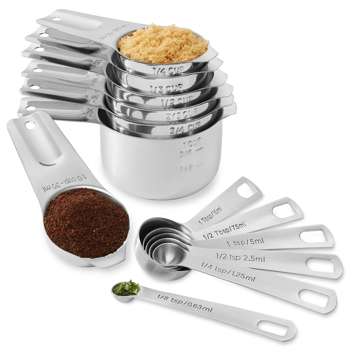 Thirteen-piece stainless steel measuring cup and spoon set with engraved markings