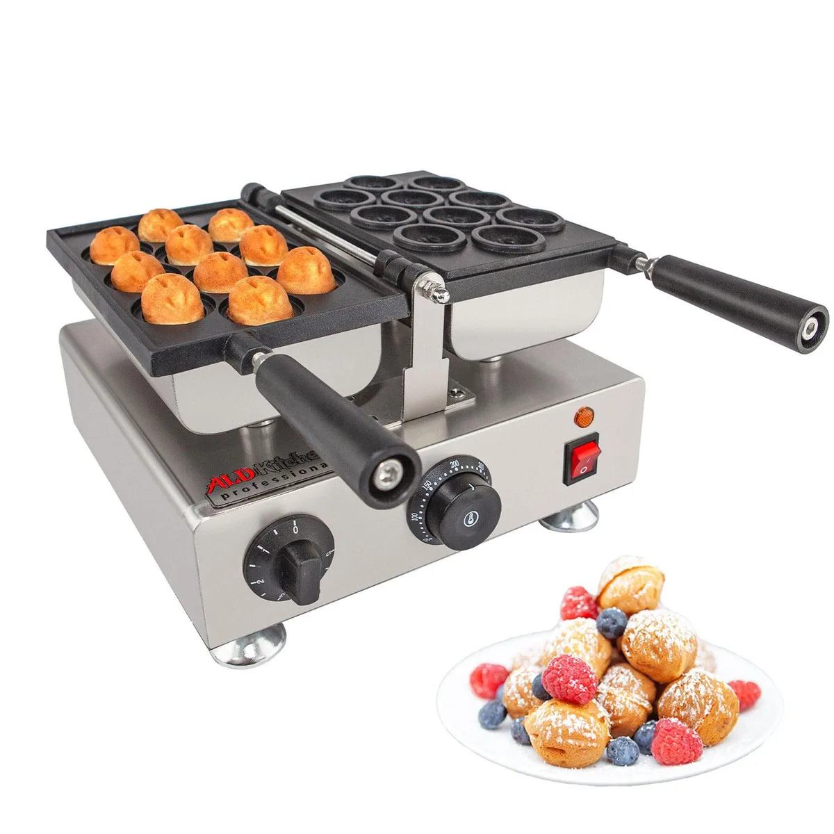 Stainless steel walnut crisp maker with ten cast aluminum nonstick plates, 13 by 12 by 14 inches