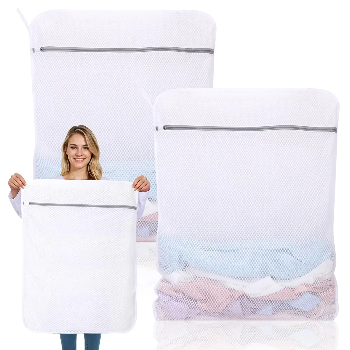 Two beige mesh laundry bags with zippers, 24 by 32 inches, shown flat side by side