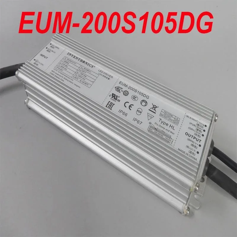 Rectangular metal power supply unit, matte grey finish, label shows 200W 105V