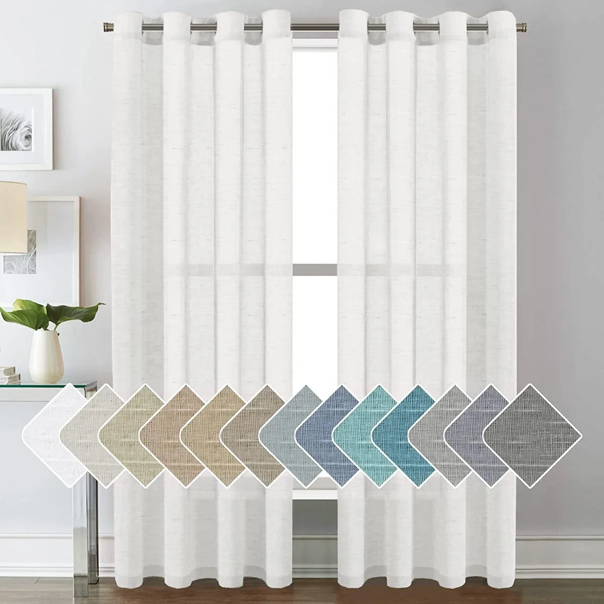 White semi-sheer linen blend curtains with nickel grommets, 52 by 84 inches per panel