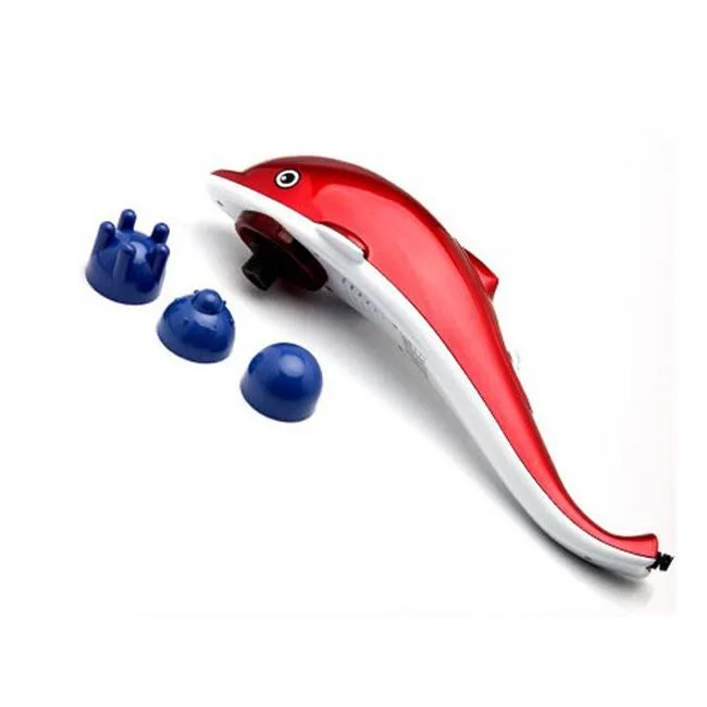 White handheld massager with curved dolphin-shaped handle and round massage head
