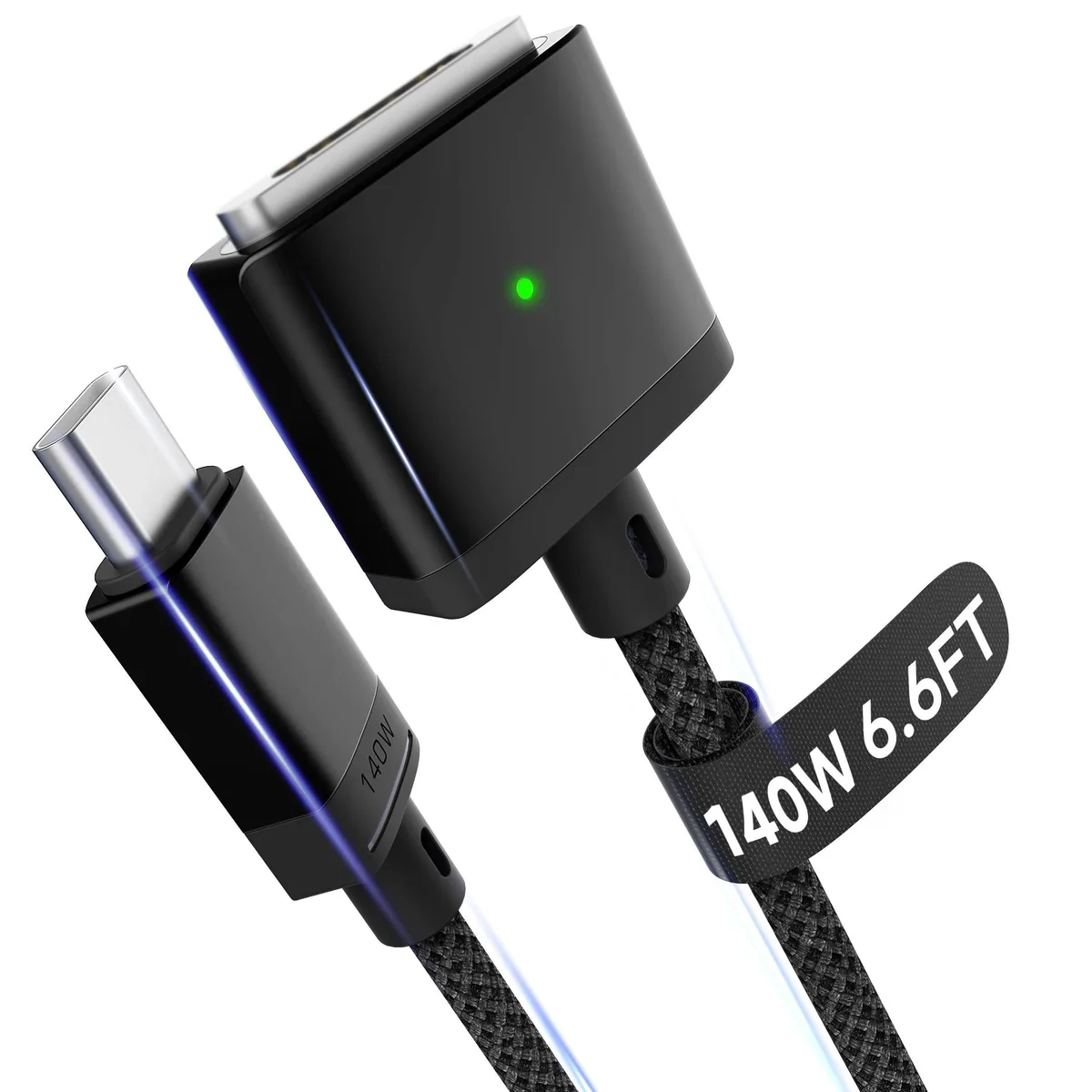 Black braided USB-C cable with magnetic connector and LED indicator, 6.6 ft long