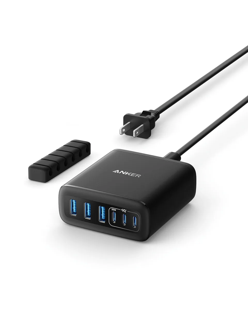 Compact white desktop charger, six ports, three USB-C three USB-A, includes cable organiser