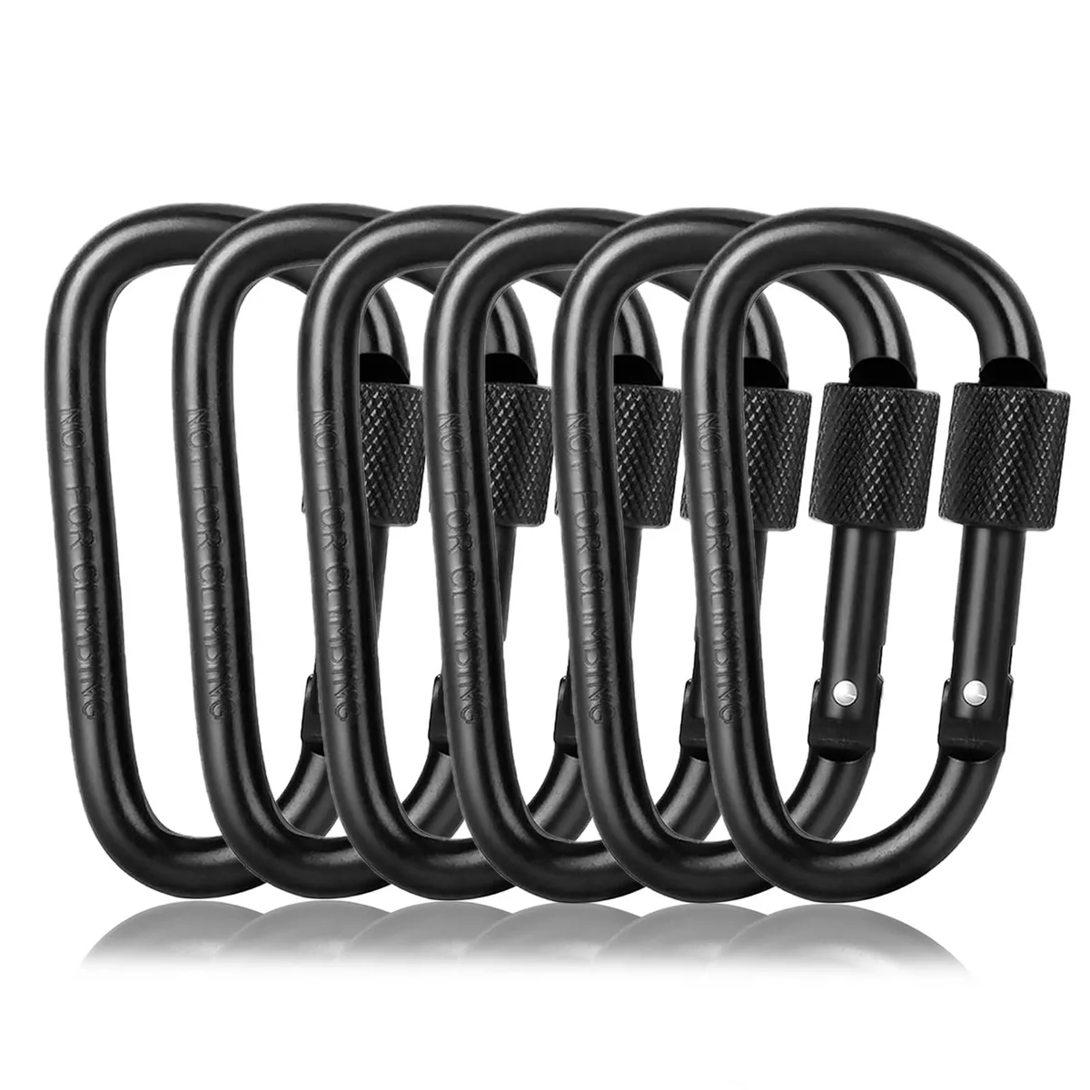 Six black aluminium D-shape carabiners with screw-lock gates