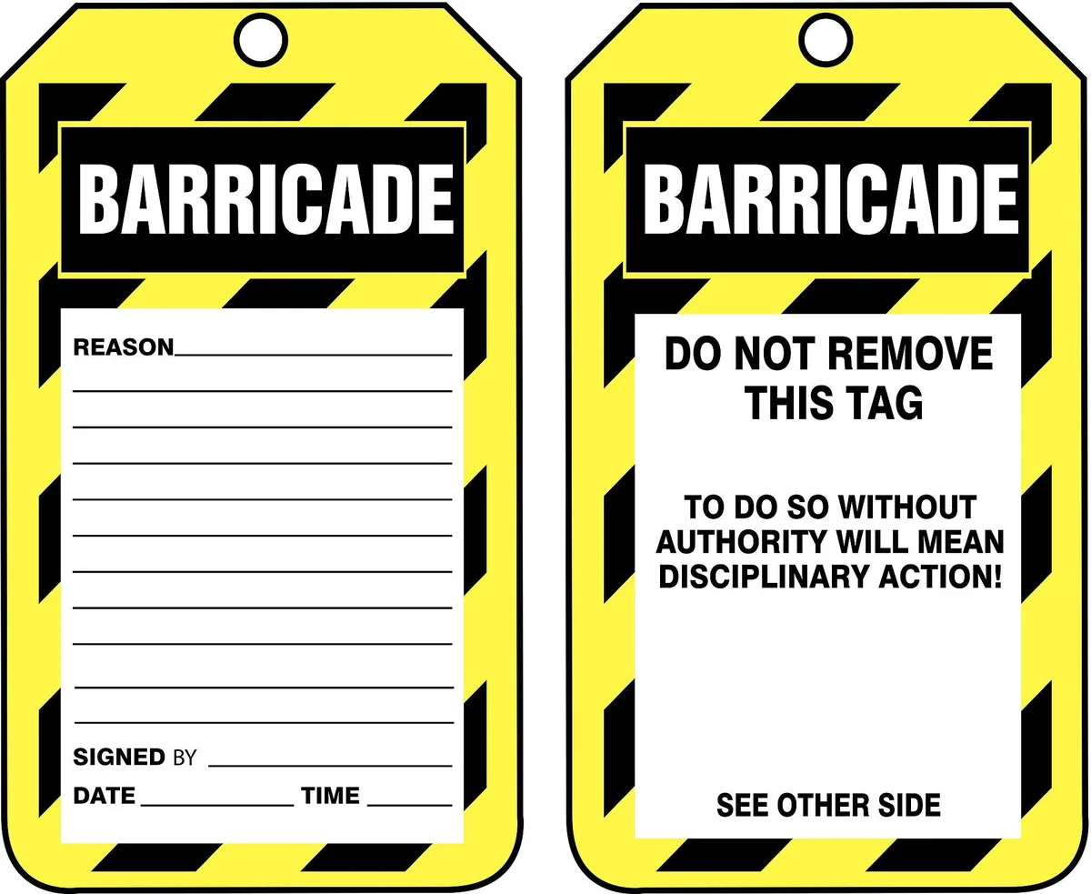 Rectangular plastic barricade tag with black header, pack of 25