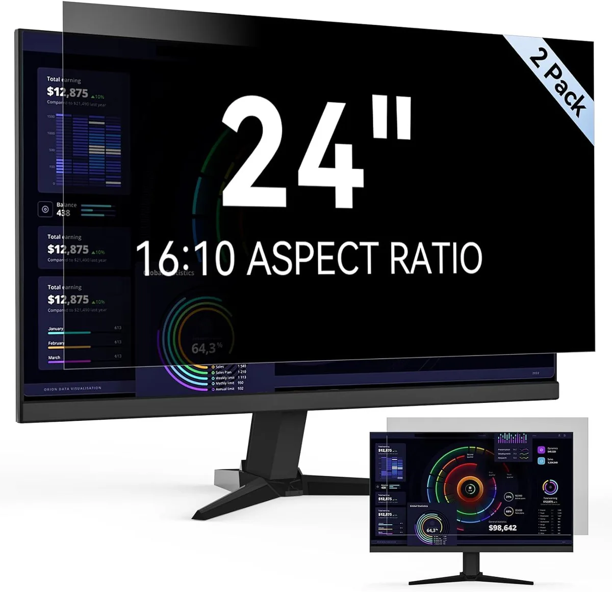 Two thin 24 inch privacy filters with matte and glossy reversible surfaces and slide mount tabs