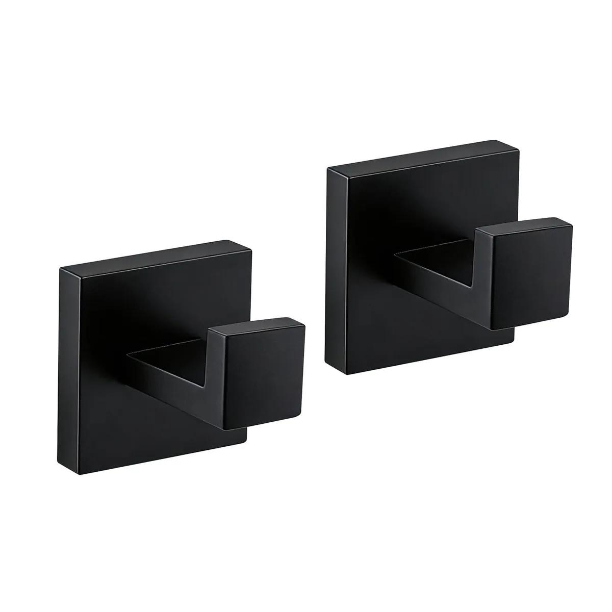 Two matte black stainless steel towel hooks with square bases