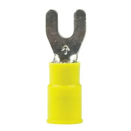 Yellow nylon insulated fork terminal with tin-plated copper barrel and #10 stud opening