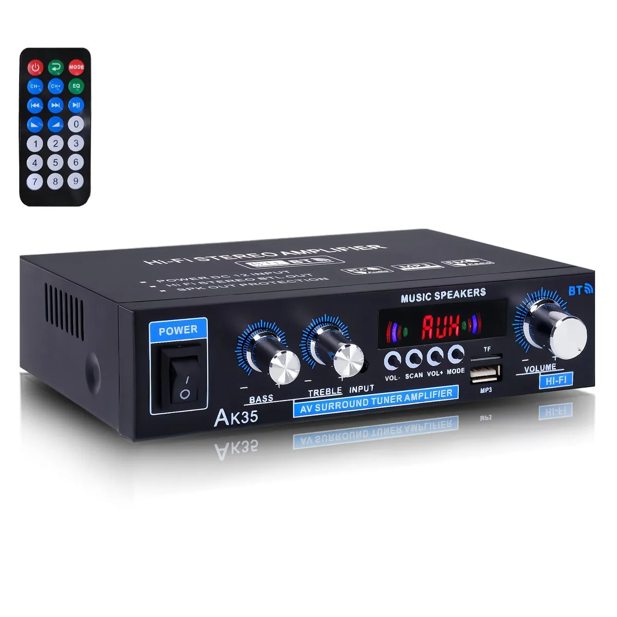  AK35 200W Stereo Amplifier Bluetooth 5.0 2.0 Channel 100W×2 Max 30W×2 RMS Bass Treble Remote AUX USB SD — product photo