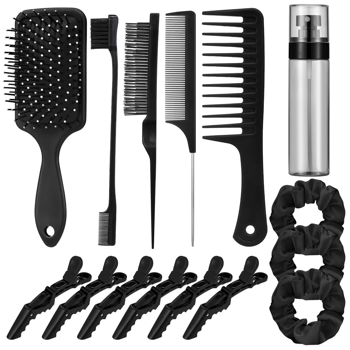Black 15-piece slick-back hair brush set with combs, spray bottle, clips and edge brush