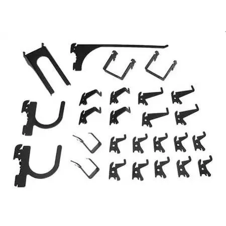 Black powder-coated steel slotted toolboard hook kit with 26 pieces including C-brackets
