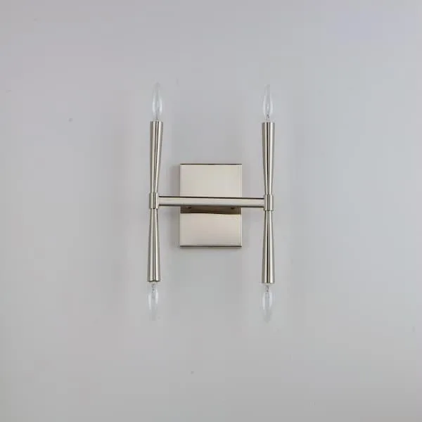Four-light pendant with straight channels radiating from centre, candle covers flaring up and down, satin nickel finish